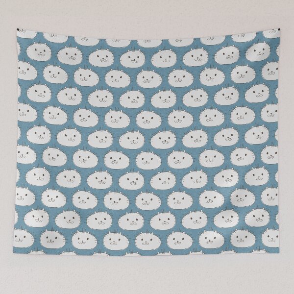 Item preview, Cute Silly White Cat Faces on a Blue Background, Cat Collection designed and sold by FourAcreFarm.