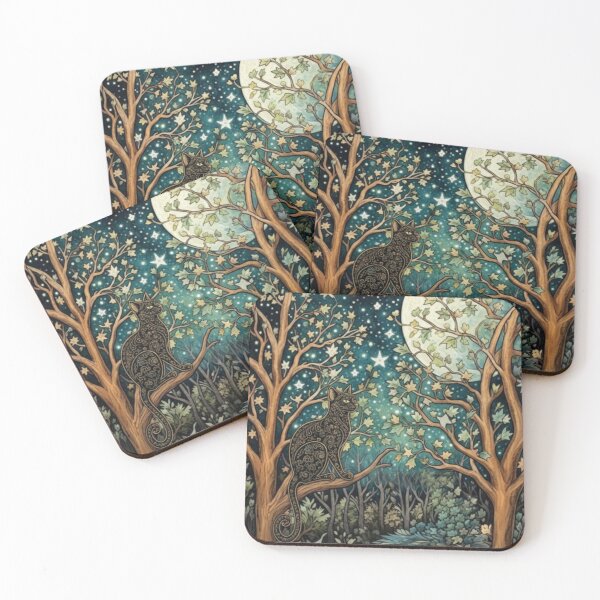 Item preview, Boho art nouveau black cat night woodland forest designed and sold by hollycooper.