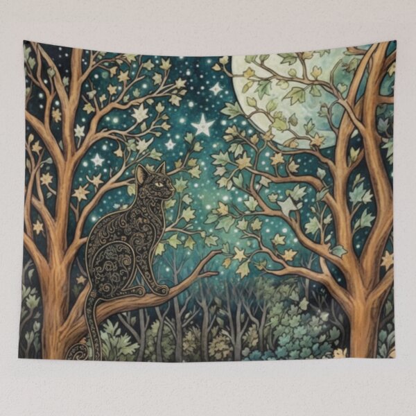 Item preview, Boho art nouveau black cat night woodland forest designed and sold by hollycooper.