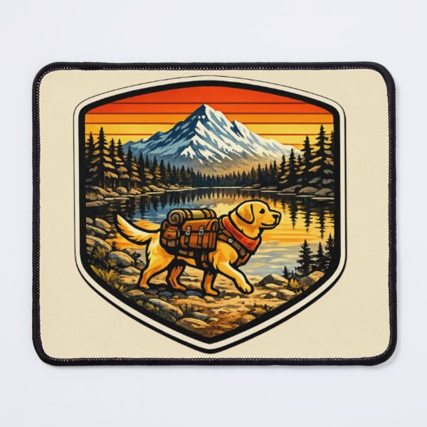 Item preview, Labrador Hiking Lake Reflection – Retro Outdoor Adventure Badge designed and sold by PawPrintCustom.