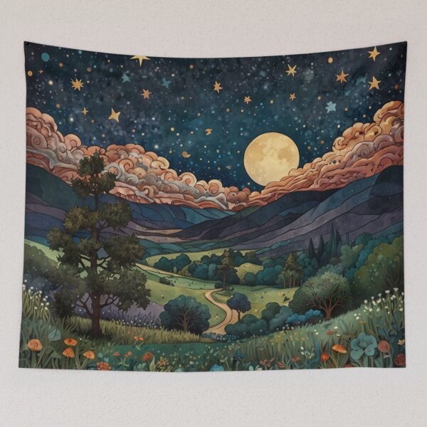 Item preview, Elegant bohemian mountain valley starry night sky landscape designed and sold by hollycooper.