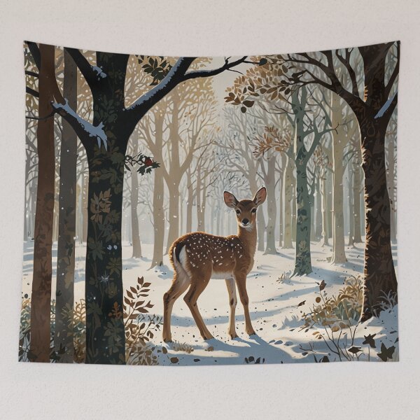 Item preview, Rustic country Winter watercolor snowy woodland forest young fawn deer designed and sold by hollycooper.
