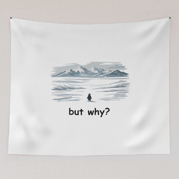 Item preview, But Why? Nihilistic Penguin Meme – Existential Humor Illustration of a Lonely Penguin in an Icy Void designed and sold by BrainBubbleArt.