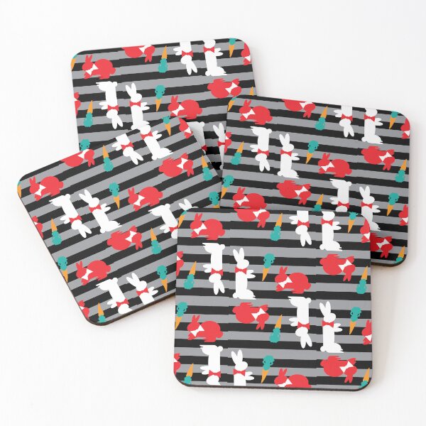 Item preview, Red & White Dapper Bunnies with Carrots on Black Horizontal Stripes designed and sold by Digitalmyth's Designs.