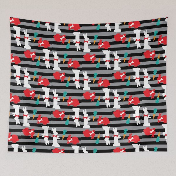 Item preview, Red & White Dapper Bunnies with Carrots on Black Horizontal Stripes designed and sold by Digitalmyth's Designs.