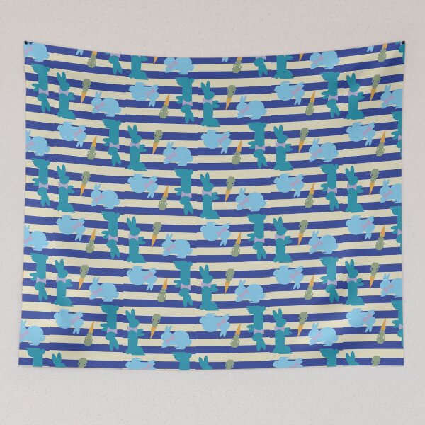 Item preview, Blue & Teal Dapper Bunnies with Carrots on Blue Horizontal Stripes designed and sold by Digitalmyth's Designs.