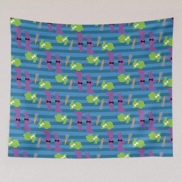 Item preview, Purple & Green Dapper Bunnies with Carrots on Blue Horizontal Stripes designed and sold by Digitalmyth's Designs.