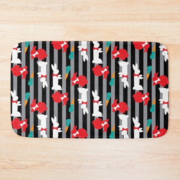 Item preview, Red & White Bunnies with Carrots on Vertical Stripes designed and sold by Digitalmyth's Designs.