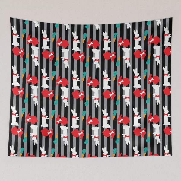 Item preview, Red & White Bunnies with Carrots on Vertical Stripes designed and sold by Digitalmyth's Designs.