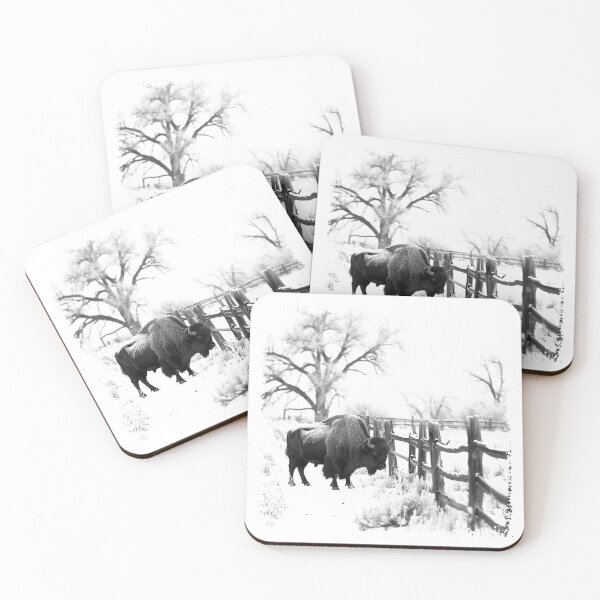 Item preview, Winter Bison by the Fence – Black and White Rustic Western Landscape Art designed and sold by inkoutninja.