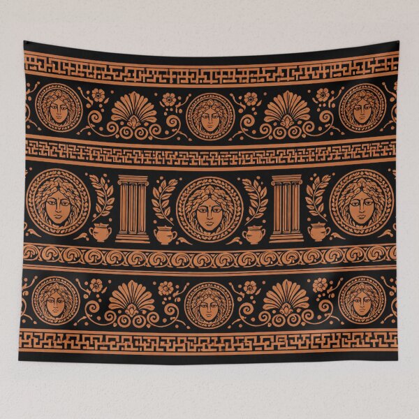Item preview, Ancient Greek Meander Motif Seamless Pattern in Black and Orange designed and sold by optimusprime39.