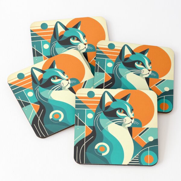 Item preview, Mid-Century Modern Geometric Cat – Retro Teal & Orange Illustration designed and sold by ashokreddy343.
