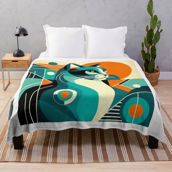 Item preview, Mid-Century Modern Geometric Cat – Retro Teal & Orange Illustration designed and sold by ashokreddy343.