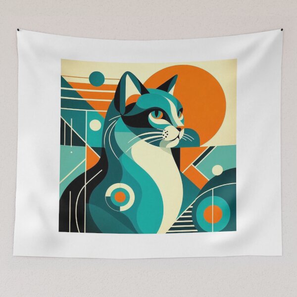 Item preview, Mid-Century Modern Geometric Cat – Retro Teal & Orange Illustration designed and sold by ashokreddy343.