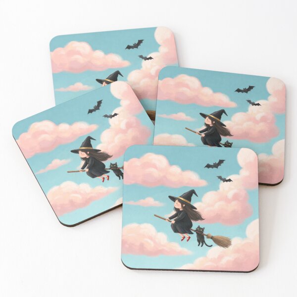 Item preview, Cute Flying Witch & Cat Art Print | Cozy Kawaii Witch Illustration | Pastel Magical Fantasy Wall Art designed and sold by AbstractAuraArt.