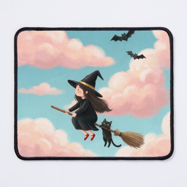 Item preview, Cute Flying Witch & Cat Art Print | Cozy Kawaii Witch Illustration | Pastel Magical Fantasy Wall Art designed and sold by AbstractAuraArt.