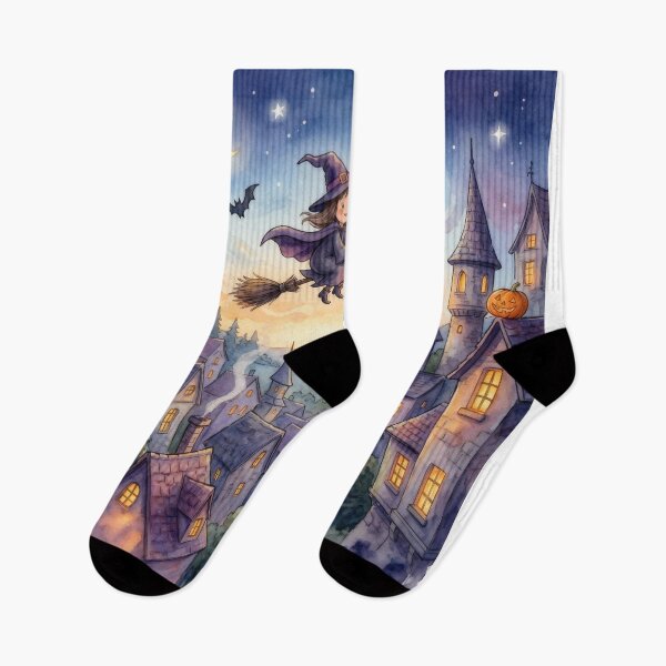 Item preview, Cute Witch Flying Over Village Art Print | Cozy Fantasy Witch Illustration | Magical Night Town Wall Art designed and sold by AbstractAuraArt.