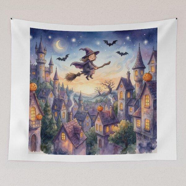 Item preview, Cute Witch Flying Over Village Art Print | Cozy Fantasy Witch Illustration | Magical Night Town Wall Art designed and sold by AbstractAuraArt.