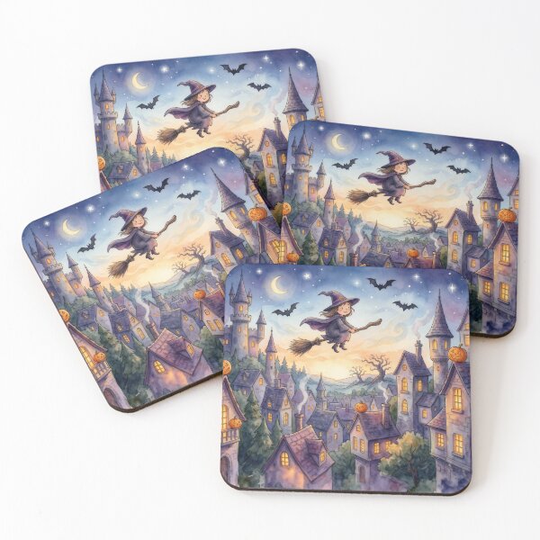 Item preview, Cute Witch Flying Over Village Art Print | Cozy Fantasy Witch Illustration | Magical Night Town Wall Art designed and sold by AbstractAuraArt.