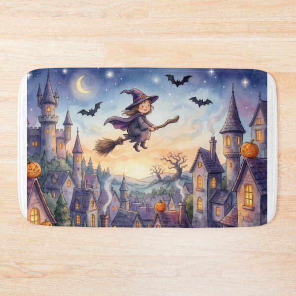 Item preview, Cute Witch Flying Over Village Art Print | Cozy Fantasy Witch Illustration | Magical Night Town Wall Art designed and sold by AbstractAuraArt.