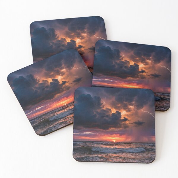 Item preview, Dramatic lightning bolts striking the ocean during a golden hour storm. designed and sold by OnceInMemories.
