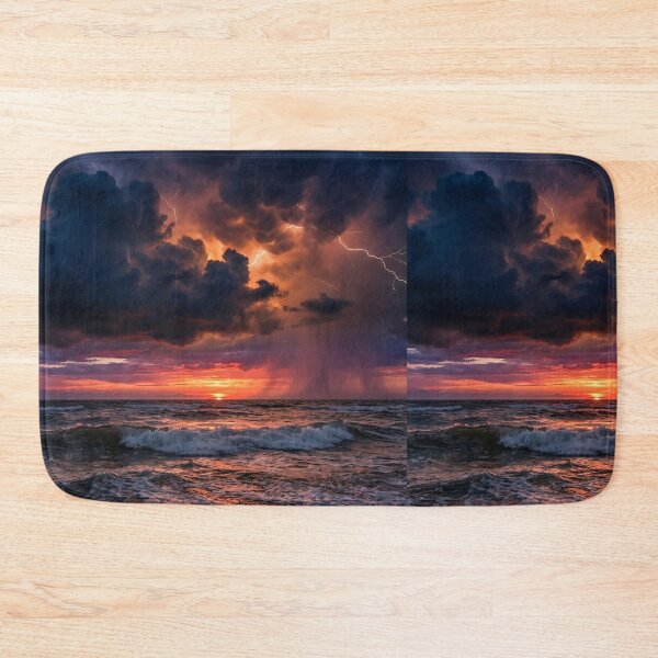 Item preview, Dramatic lightning bolts striking the ocean during a golden hour storm. designed and sold by OnceInMemories.