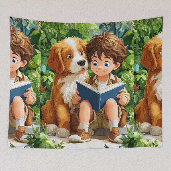 Item preview, Boy Reading Book with Big Dog in Forest designed and sold by Piotrek0001.