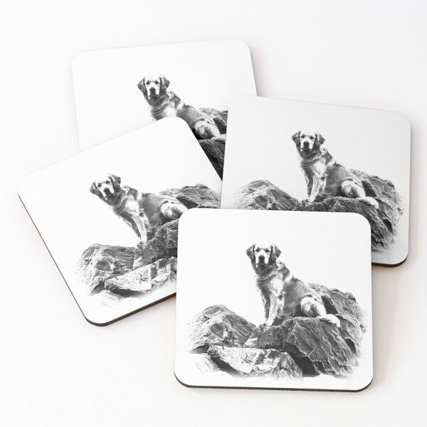 Item preview, Golden Retriever on Rocks – Black and White Loyal Dog Art Print designed and sold by inkoutninja.