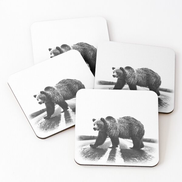 Item preview, Grizzly Bear Crossing – Black and White Wildlife Road Art designed and sold by inkoutninja.