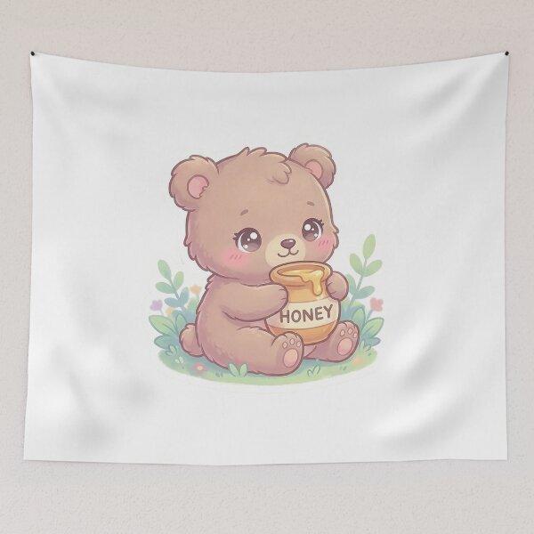 Item preview, kawaii baby bear hugging a honey pot, pastel brown, blush cheeks  designed and sold by AwesomeArtist26.