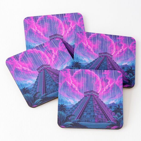 Item preview, Neon Vaporwave Chichen Itza Pyramid Retro Synthwave Rain Moon Art designed and sold by EllDAV777.