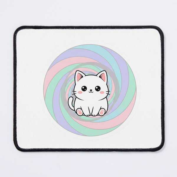 Item preview, kawaii chibi cat sitting inside a soft pastel spiral illusion, big sparkling eyes, spiral appears to move inward, cute blush, clean vector, white sticker outline designed and sold by AwesomeArtist26.