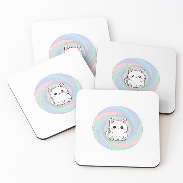 Item preview, kawaii chibi cat sitting inside a soft pastel spiral illusion, big sparkling eyes, spiral appears to move inward, cute blush, clean vector, white sticker outline  designed and sold by AwesomeArtist26.
