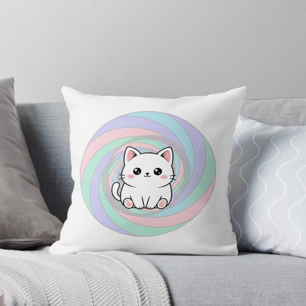 Item preview, kawaii chibi cat sitting inside a soft pastel spiral illusion, big sparkling eyes, spiral appears to move inward, cute blush, clean vector, white sticker outline  designed and sold by AwesomeArtist26.