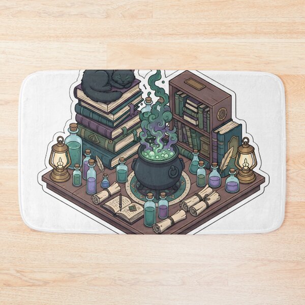 Item preview, Cozy Alchemist Desk Aesthetic Dark Academia Cat Potion Bubbling Cauldron Isometric designed and sold by StickyGuys.