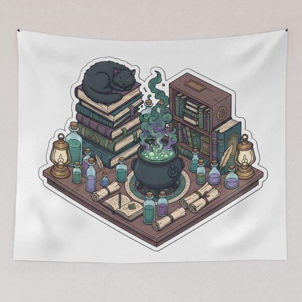 Item preview, Cozy Alchemist Desk Aesthetic Dark Academia Cat Potion Bubbling Cauldron Isometric designed and sold by StickyGuys.