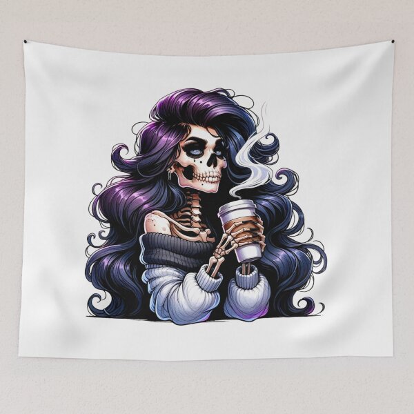 Item preview, Skeleton Girl Drinking Coffee Aesthetic Gothic Art designed and sold by Lulunza.