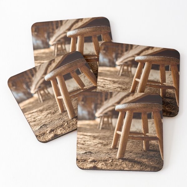 Item preview, Rustic Farm Barn Interior With Wooden Stool Dirt Floor Cows Creating Warm Countryside Atmosphere designed and sold by Mimoshi ⭐⭐⭐⭐⭐.