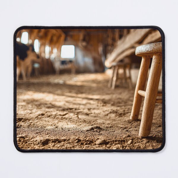 Item preview, Rustic Farm Barn Interior With Wooden Stool Dirt Floor Cows Creating Warm Countryside Atmosphere designed and sold by Mimoshi ⭐⭐⭐⭐⭐.
