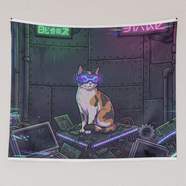 Item preview, Cyberpunk Calico Cat - Neon Future Tech Feline designed and sold by Midnight Replay.