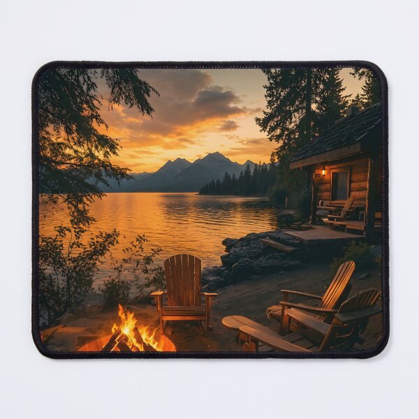 Item preview, Cozy Lakeside Cabin Sunset Art Print | Warm Campfire Nature Illustration | Peaceful Mountain Lake Wall Art designed and sold by AbstractAuraArt.