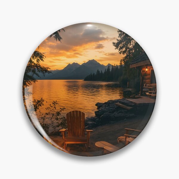 Item preview, Cozy Lakeside Cabin Sunset Art Print | Warm Campfire Nature Illustration | Peaceful Mountain Lake Wall Art designed and sold by AbstractAuraArt.