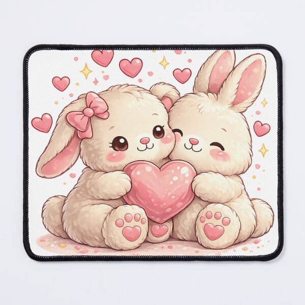 Aperçu de l'œuvre Adorables lapins de la Saint-Valentin – Couple de lapins kawaii tenant un cœur créée et vendue par Artistmonkey345.