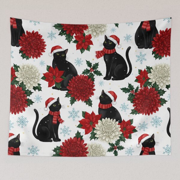 Item preview, Festive Felines – Black Cats in Holiday Bloom designed and sold by meesub.