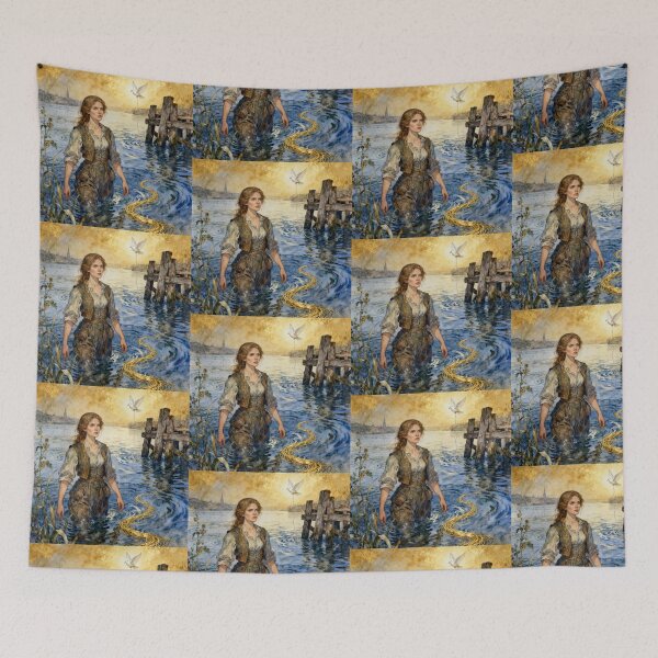 Item preview, Wading woman by the jetty beautiful illustration designed and sold by Vintage Designs +.