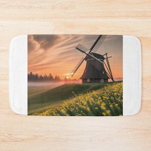 Item preview, Windmill Sunset Landscape Yellow Flower Field designed and sold by sky11PP.