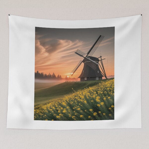 Item preview, Windmill Sunset Landscape Yellow Flower Field designed and sold by sky11PP.