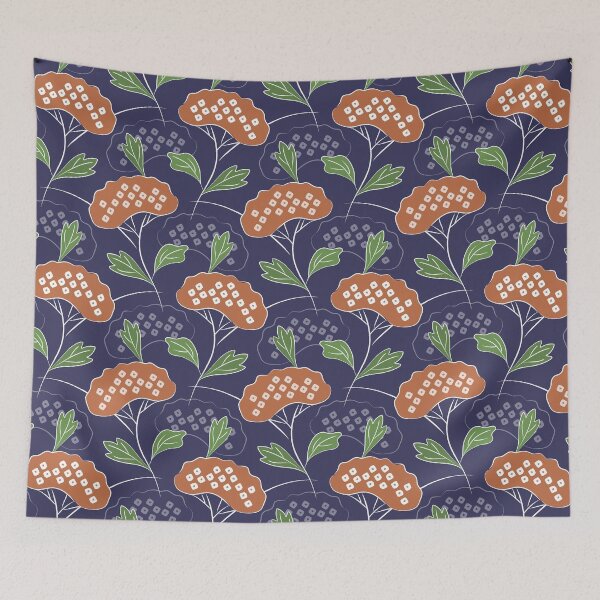 Item preview, Ominaeshi - Japanese Heritage Flowers in Earthy Red Green Midnight Blue designed and sold by Pinkdeer Designs.