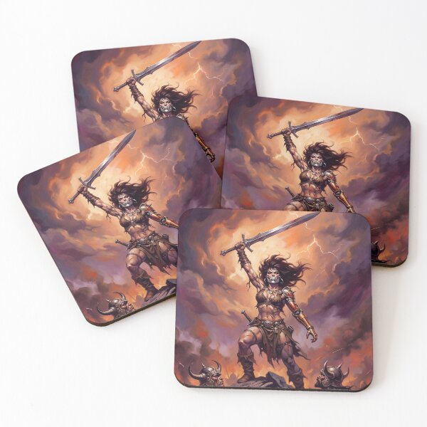 Item preview, Cybernetic Warrior woman triumph over the hordes vintage fantasy art painting designed and sold by Vintage Designs +.