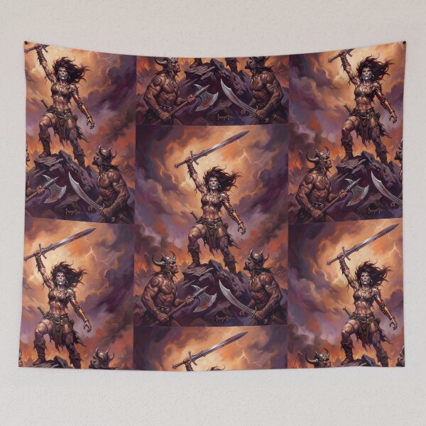 Item preview, Cybernetic Warrior woman triumph over the hordes vintage fantasy art painting designed and sold by Vintage Designs +.